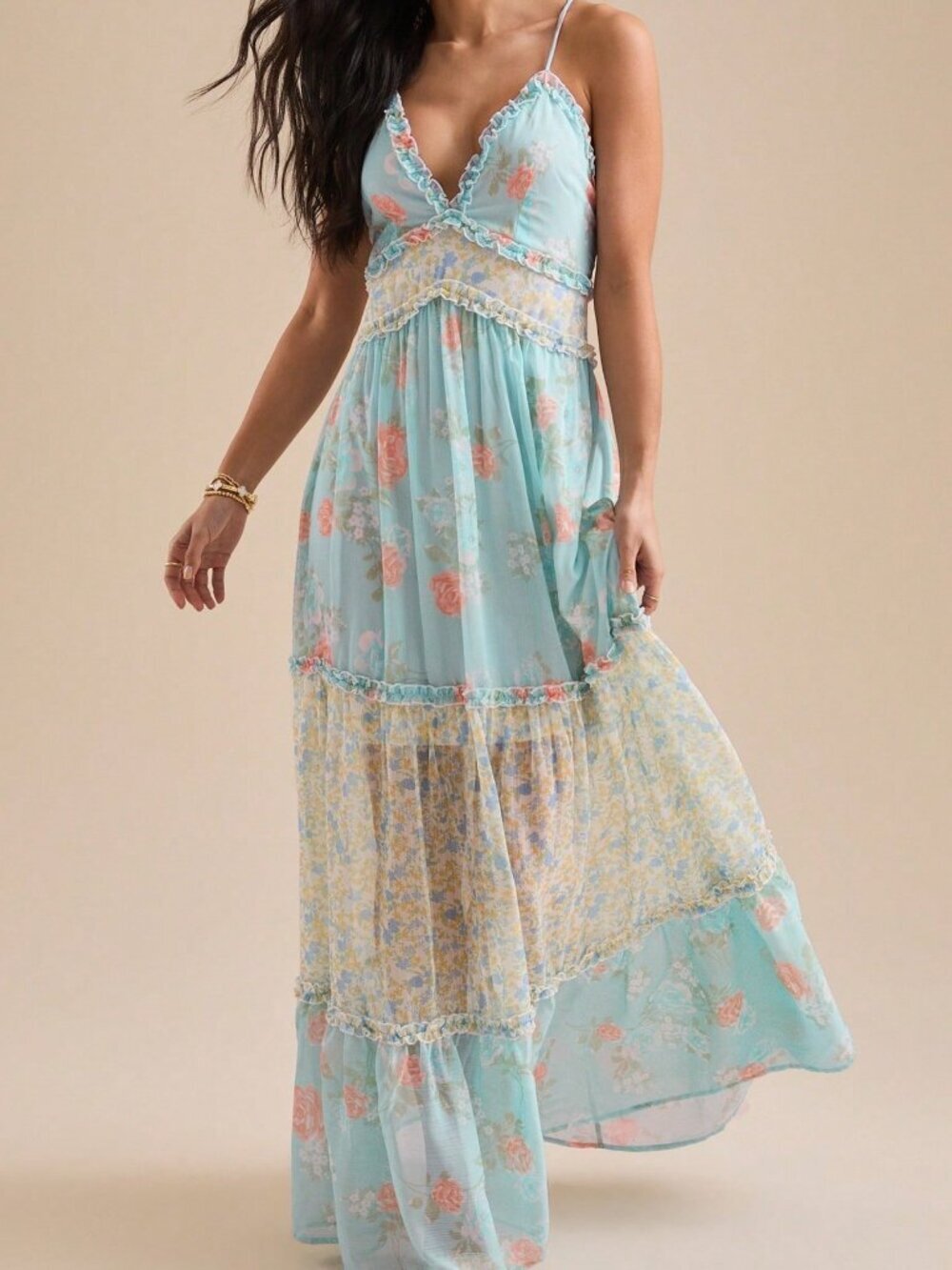 Lake Blue Boho Women's Floral Cami V-Neck Flowy A-Line Party Dress